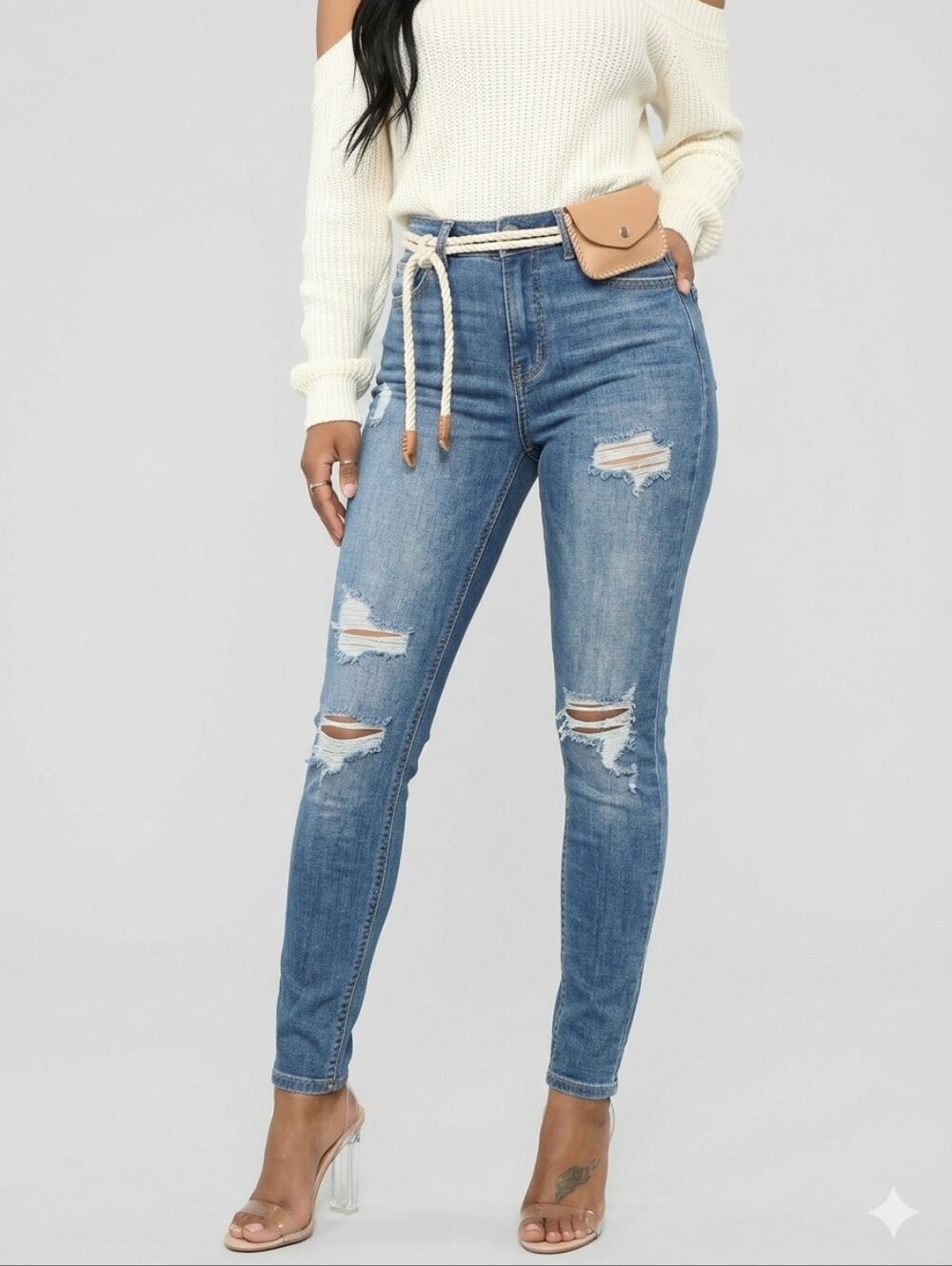 Fashion Nova Mid Rise Stretch Medium Wash Distressed Skinny Jeans Size 5